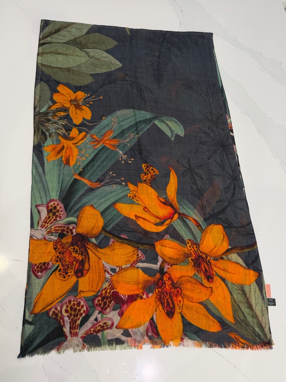 Floral Botanicals Orange & Black Lightweight 100% Wool Women's Scarf 70”-20.5”